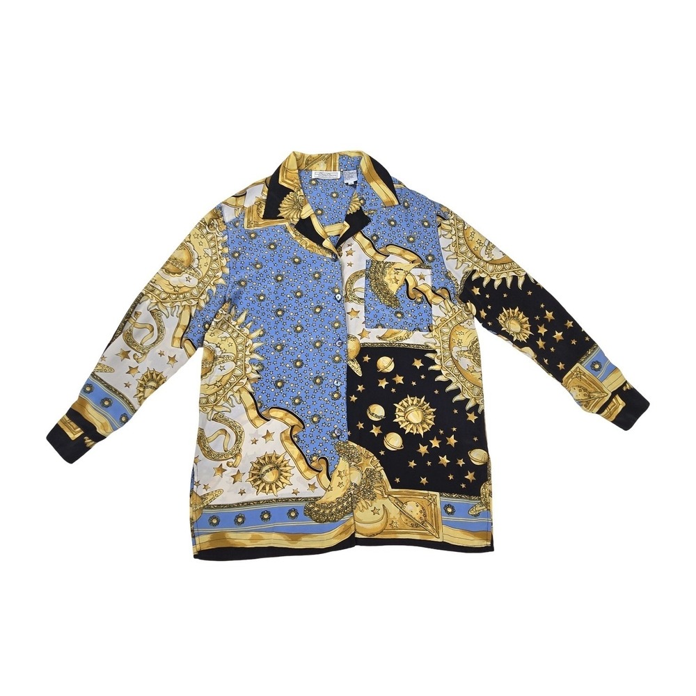 La Chine Classic Silk Celestial Sun Moon Star Button Down Shirt Vintage 80s 90s - Picture 2 of 8